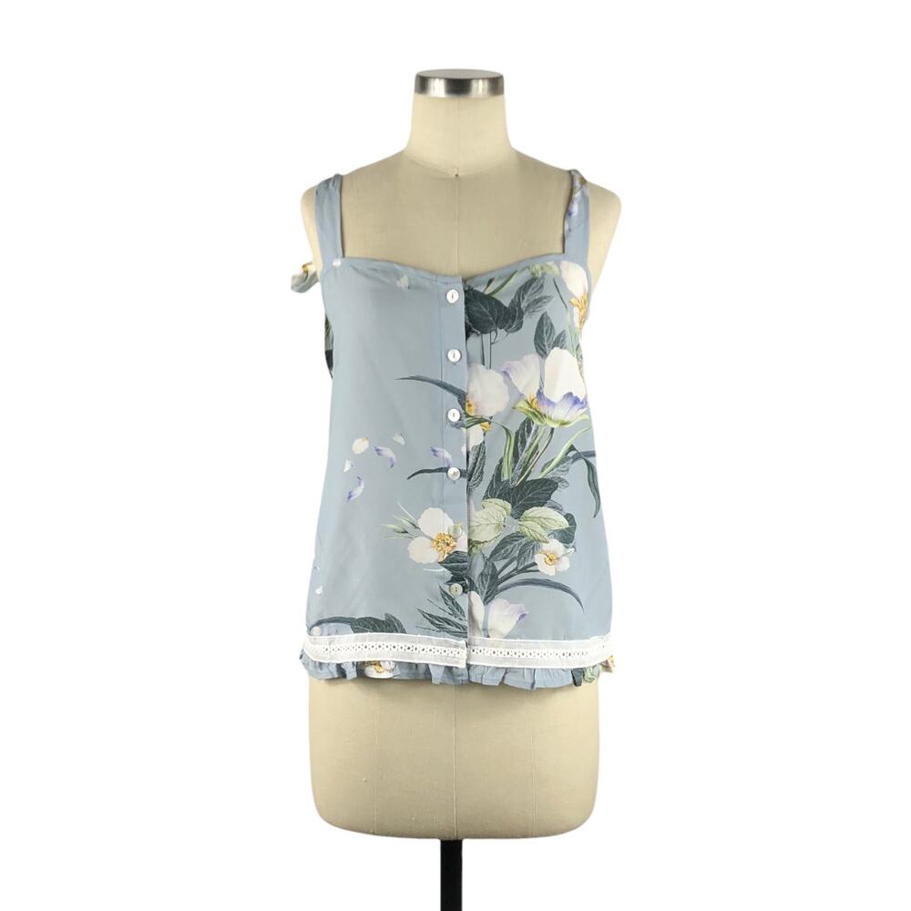 PLUM PRETTY SUGAR Blue Floral Tank Top Button Front Preppy Size Small